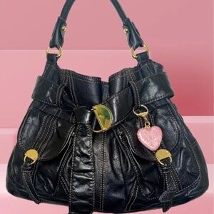 Steve Madden Elegant Black Leather Handbag w/ Rhinestone Heart--And-Pink-Keyring
